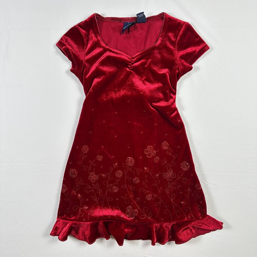 Vintage Y2K Basic Editions Red Sweetheart Neckline Crushed Velvet Floral Dress